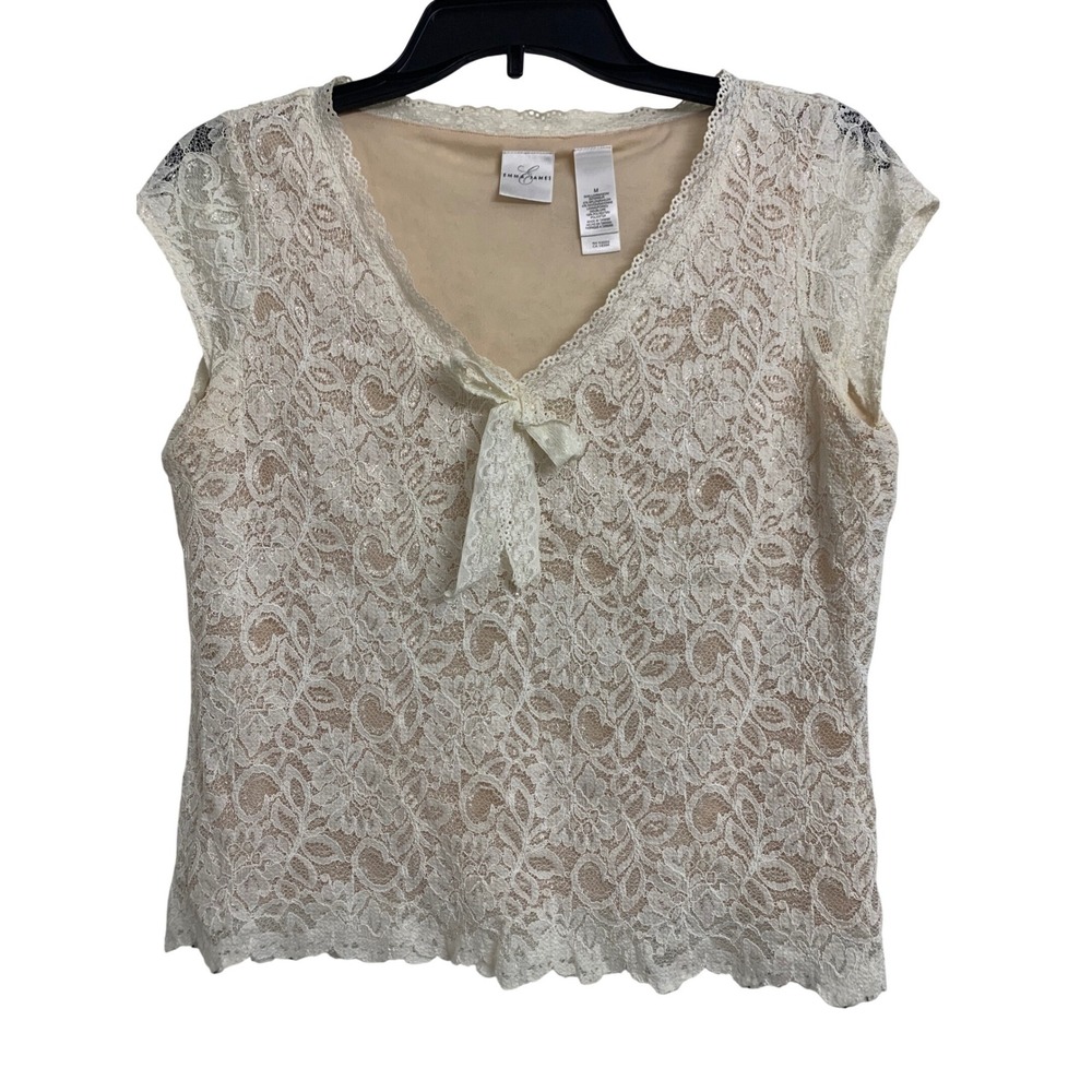 Emma James Vintage Cream Y2K Floral Lace Sleeveless Boho Top Tan Lining Medium